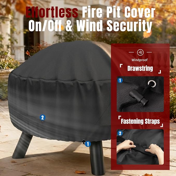 SHINESTAR Round Fire Pit Cover for 22-32 Inch Fire Pit - Waterproof and Windproof, with Straps and Built-in Vents, 32 Dia x 13.5 H, Black