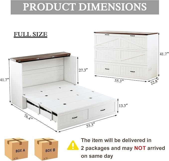 Full Murphy Bed with Charging Station, Farmhouse Noisy-Free Foldable Cabinet Bed Frame with Storage Drawer, Space Saving Hideaway Wall Bed for Guest Bedroom, Living Room, Office, White