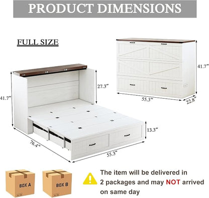 Full Murphy Bed with Charging Station, Farmhouse Noisy-Free Foldable Cabinet Bed Frame with Storage Drawer, Space Saving Hideaway Wall Bed for Guest Bedroom, Living Room, Office, White