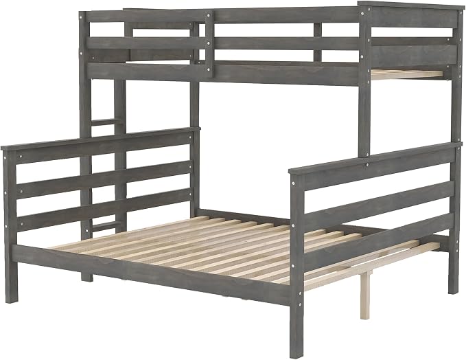 Merax Twin XL Over Queen Bunk Bed, Wood Detachable Bunk Bed with Ladder & Full Length Gardrails for Adults, No Box Spring Needed,Space Saving, Gray