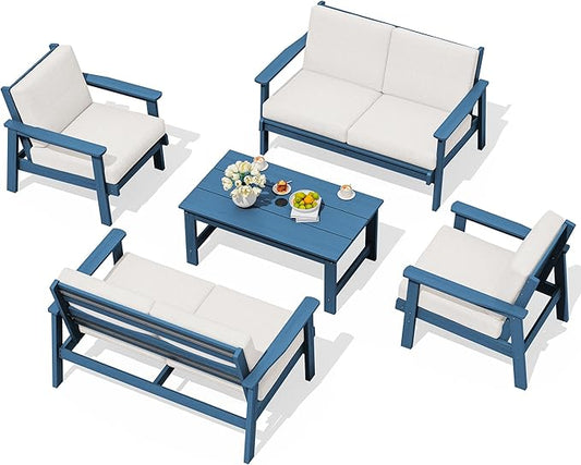 SERWALL HDPE Patio Furniture Set, 5 Piece All Weather Wood-Like Sectional Outdoor Furniture Set for Deck, Lawn, Blue Patio Sofa Couch with Khaki Cushions