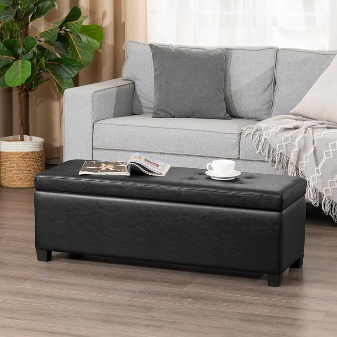 Asense Storage Ottoman Bench,42 inch Wide Upholstered Faux Leather Rectangular Ottoman with Legs,Safety Hinge Storage Bench for Living Room,Bedroom,Entryway