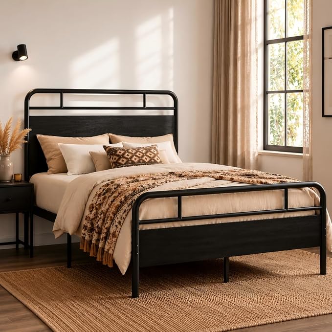 SHA CERLIN Full Size Bed Frame with Vintage Industrial Wood Headboard, Heavy Duty Metal Platform with 12" Under-Bed Storage, Mattress Foundation, No Box Spring Needed, Noise-Free, Easy Assembly, Black