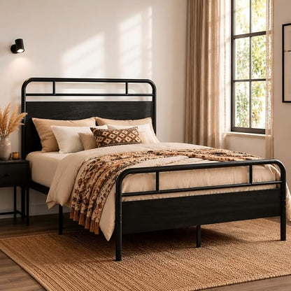 SHA CERLIN Queen Size Bed Frame with Vintage Industrial Wood Headboard, Heavy Duty Metal Platform, 12 Inch Under Bed Storage, Noise-Free, No Box Spring Needed, Easy Assembly, Black