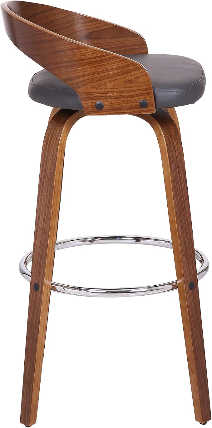 Armen Living Sonia 30" Bar Height Swivel Gray Faux Leather and Walnut Wood Bar Stool