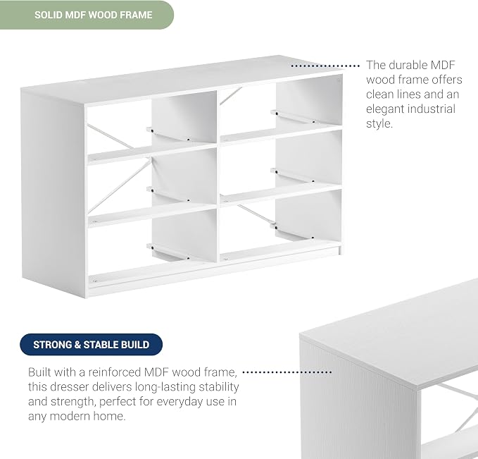 Modern 6-Drawer Dresser with Spacious Storage, Sturdy Wood Frame, Large Capacity Fabric Drawers, Dressers for Bedroom, Home Organization Storage for Living Room or Hallway, White | 6-drawer dresser, fabric storage drawers, sturdy wood frame, bedroom or...