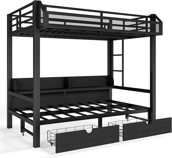 Bellemave Bunk Bed Twin Over Twin, Metal Bunk beds with Storage Shelves and Drawers USB Ports and LED Lights, Lower Bed that can be Converted into a Sofa, Black