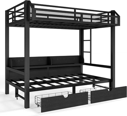 Bellemave Bunk Bed Twin Over Twin, Metal Bunk beds with Storage Shelves and Drawers USB Ports and LED Lights, Lower Bed that can be Converted into a Sofa, Black
