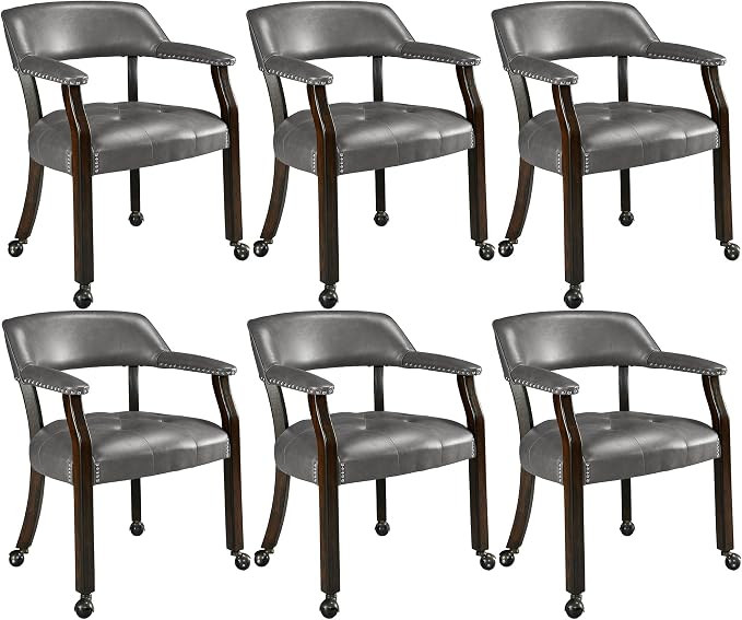 LEEMTORIG Set of 6 Large Dining Chairs with Casters and Arms, Rolling Dining Chairs with Wheels, Poker Table Chair, Boss Caption's Chair, 26"D x 25.2"W x 31.5"H, Espresso Legs & Dark Grey, XXY-1910-DG