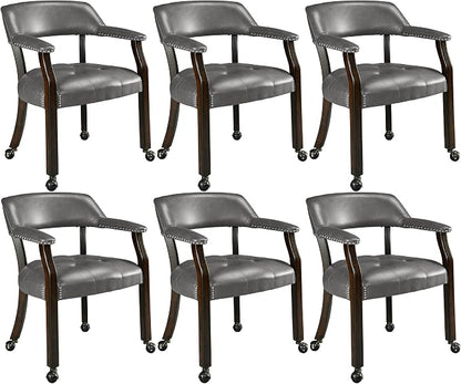 LEEMTORIG Set of 6 Large Dining Chairs with Casters and Arms, Rolling Dining Chairs with Wheels, Poker Table Chair, Boss Caption's Chair, 26"D x 25.2"W x 31.5"H, Espresso Legs & Dark Grey, XXY-1910-DG
