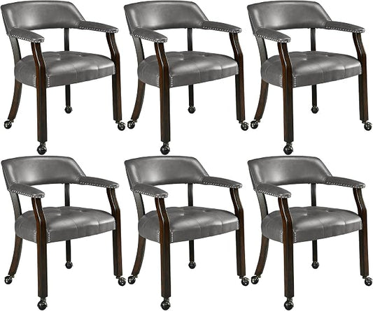 LEEMTORIG Set of 6 Large Dining Chairs with Casters and Arms, Rolling Dining Chairs with Wheels, Poker Table Chair, Boss Caption's Chair, 26"D x 25.2"W x 31.5"H, Espresso Legs & Dark Grey, XXY-1910-DG
