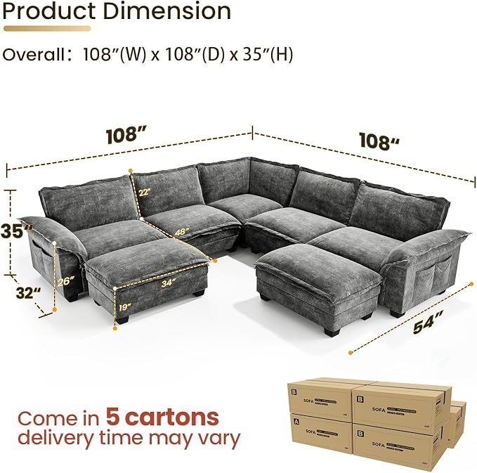 KKL Modular Sectional Sofa, Large V Shape 7 Seater Modern Sectional Couch with Ottoman, Couches for Living Room, Cloud Couches Chenille for Apartment, Home, Grey