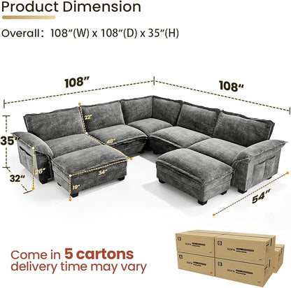 KKL Modular Sectional Sofa, Large V Shape 7 Seater Modern Sectional Couch with Ottoman, Couches for Living Room, Cloud Couches Chenille for Apartment, Home, Grey