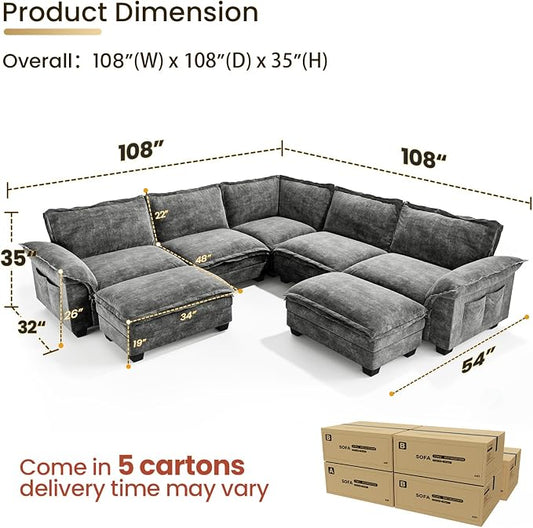 KKL Modular Sectional Sofa, Large V Shape 7 Seater Modern Sectional Couch with Ottoman, Couches for Living Room, Cloud Couches Chenille for Apartment, Home, Grey