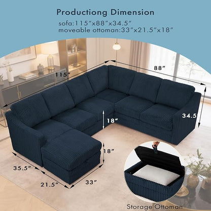 115 Inches Corduroy Sectional Sofa with Storage Ottoman, Modern 7 Seats Corner Couch with Deep Seat, Comfy Modular U Shaped Couch with Comfortable Cushions for Living Room, Blue