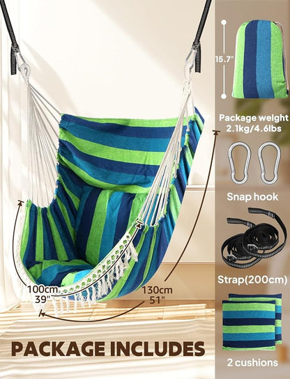 Chihee Hammock Chair Hanging Swing 2 Pillows Included,Strong Webbing Straps and Hooks for Easy Hanging Soft Cotton Hanging Chair Side Pocket Tassel Chair Comfort Indoor Outdoor Blue Green