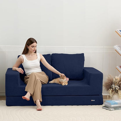 COMAX Futon Sofa Bed, Convertible Sofa Bed, Folding Boneless Couches | Boneless Couch for living room, 4‑in‑1 Fold Out Small Foldable Loveseat Floor Sleeper Mattress Lounge Space‑Saving, Navy