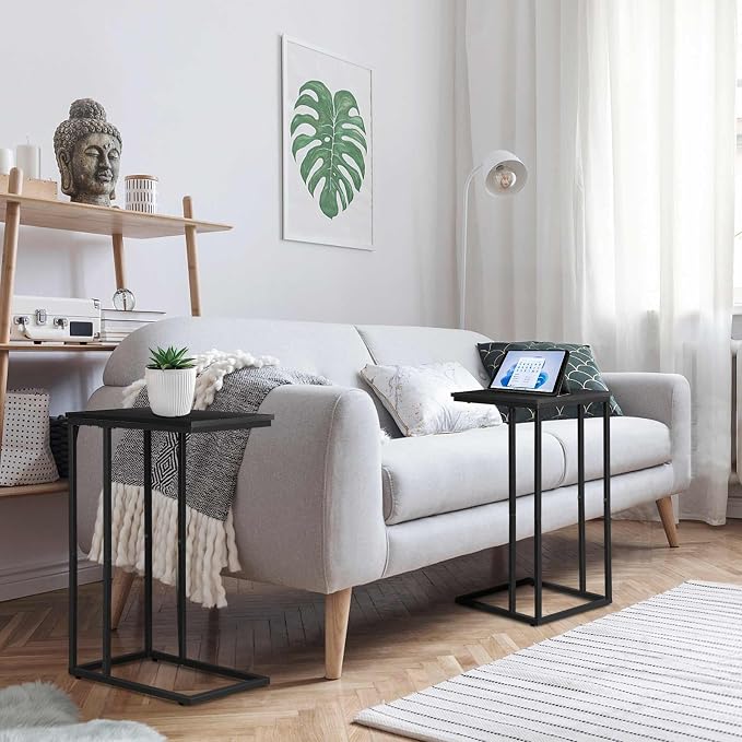 C Shaped Side Table Set of 2, Skinny Sofa Table for Sofa and Bed, Couch Tables That Slide Under, Small End Tables for Living Room, Bedroom or Small Spaces, Black