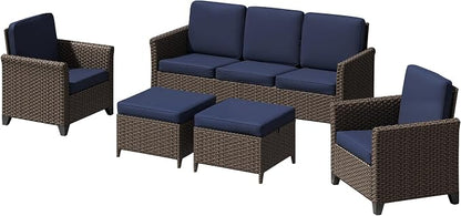 5 Pieces Patio Furniture Set, PE Wicker 75" Couch with 2 High Back Chairs & 2 Ottomans, All-Weather Rattan Furniture with Waterproof Cushions for Deck, Garden, Porch
