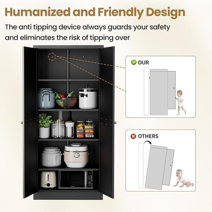 Kitchen Pantry Cabinet, 61" H Storage Cabinet with Doors and Adjustable Shelves, Spacious Cupboard with 2 Handles, Metal Kitchen Cabinet for Dining Room, Living Room,Black