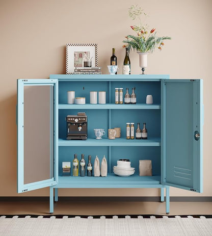 Locking Steel Storage Cabinet Shoe Cabinet for Living Room Bathroom Kitchen Left Glass Door Right Iron Door Blue Size：33" H x 29.5" W x 13.8" D