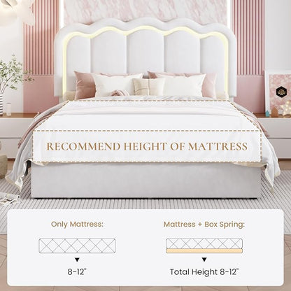 SHA CERLIN Upholstered Queen Size Bed Frame with LED Lights and Large Storage Drawer, Velvet Platform Bed with Adjustable Wavy Headboard, Noise Free, Easy Assembly, No Box Spring Needed, Soft White