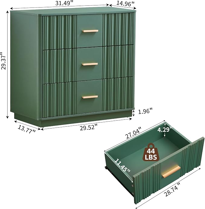 Fluted Dresser for Bedroom with 3 Drawers, 31.5" Wide Modern Chest of Drawers with Curved Profile Design, Wood Closet Clothes Storage Organizer for Living Room, Entryway, Hallway, Green