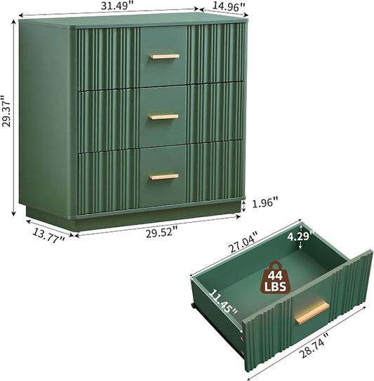 Fluted Dresser for Bedroom with 3 Drawers, 31.5" Wide Modern Chest of Drawers with Curved Profile Design, Wood Closet Clothes Storage Organizer for Living Room, Entryway, Hallway, Green