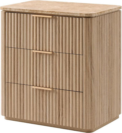 Fluted Nightstand with Faux Marble Top, Modern Bedside Table | FSC-Certified Engineered Wood, 25" H, 3 Drawers, Rounded Corner, Metal Handle, for Bedroom, Natural Oak