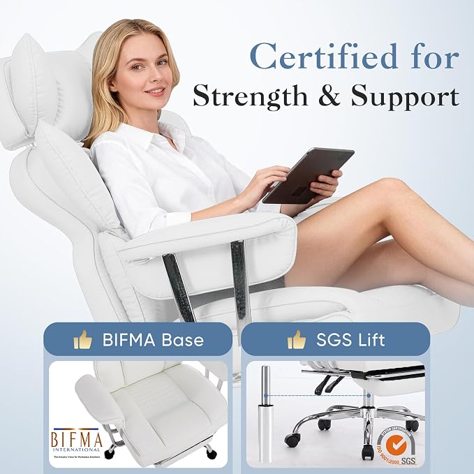 DUMOS Big and Tall Office Chair 400 LBS, Scratch-Resistant PU Leather Executive Office Desk Chair with Footrest, Ergonomic Reclining Computer Chairs with Pocket Spring Support, White