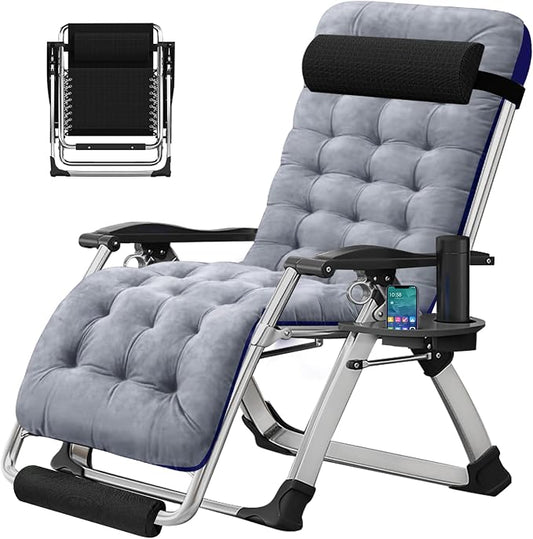 DoCred Oversized Zero Gravity Chair, 29In XL Lawn Folding Lounge Chairs, Lawn Recliner, Reclining Patio Lounger Chair, Folding Portable Chaise with Detachable Soft Cushion, Cup Holder, Headrest