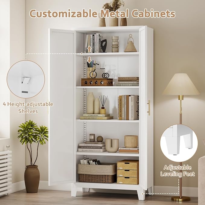 Zevemomo 71'' Tall Metal Pantry Cabinet with 2 Doors, Freestanding Kitchen Storage Cabinet with 4 Adjustable Shelves, Steel Cupboard for Kitchen, Pantry, Dining Room, Living Room, Bathroom, White