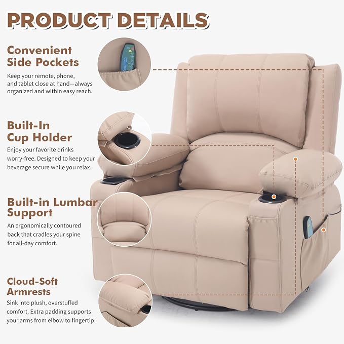 Leather Recliner Chair with Heat and Massage Cup Holder, Thickly Padded Overstuffed Rocking Glider Chair, Swivel Rocker Recliner Chair for Nursery, Khaki