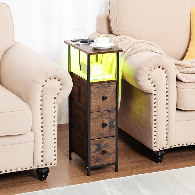 LOAKEKEL Narrow End Tables Living Room Set of 2 with Charging Station, Skinny Side Table with Fabric Drawers, Slim LED Nightstand for Bedroom, Small Spaces, Couch, Rustic Brown, HETNDP03LPBR