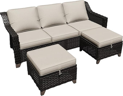 3 Pieces Outdoor Conversation Furniture Set - 77" Patio Sofa, 2 Rattan Wicker Ottomans, Patio Wicker Couch Set with Water-Resistant and Washable Cushions for Sunroom, Deck, Porch (Beige)
