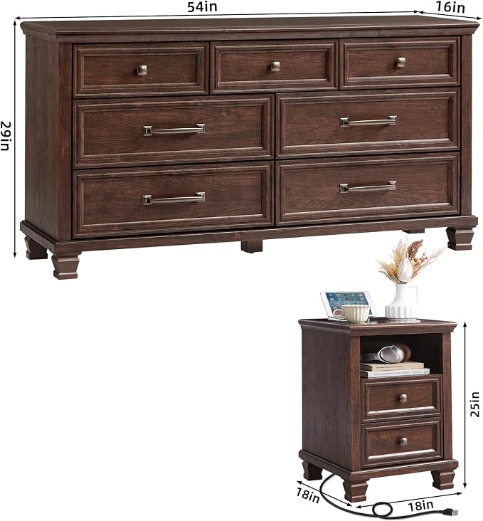 SAVOR LIFE Farmhouse Dresser and Nightstand Sets 2 Piece, 7 Drawer Dresser & 2 Drawer Nightstand Set, Rustic Wood Bedroom Furniture Set for Home, Bedroom, Hallway, Walnut