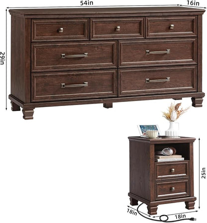 SAVOR LIFE Farmhouse Dresser and Nightstand Sets 2 Piece, 7 Drawer Dresser & 2 Drawer Nightstand Set, Rustic Wood Bedroom Furniture Set for Home, Bedroom, Hallway, Walnut