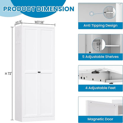 72" H White Metal Kicthen Pantry Storage Cabinet 6-Tier Cupboard | Storage Cabinet with 5 Adjustable Shelves for Kitchen, Living Room, Heavy Duty Utility Cabinet, Assembly Require
