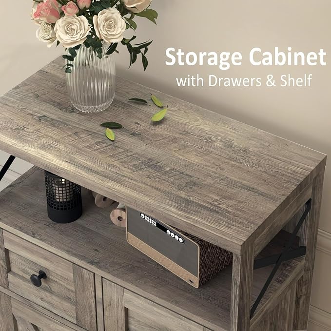 Befrases Set of 2 Farmhouse Storage Cabinet with Drawers and Shelf, Freestanding Kitchen Pantry Storage Cabinet, Floor Hutch Cupboard for Kitchen, Living Room, Home Office, Rustic Grey