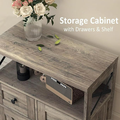Befrases Set of 2 Farmhouse Storage Cabinet with Drawers and Shelf, Freestanding Kitchen Pantry Storage Cabinet, Floor Hutch Cupboard for Kitchen, Living Room, Home Office, Rustic Grey