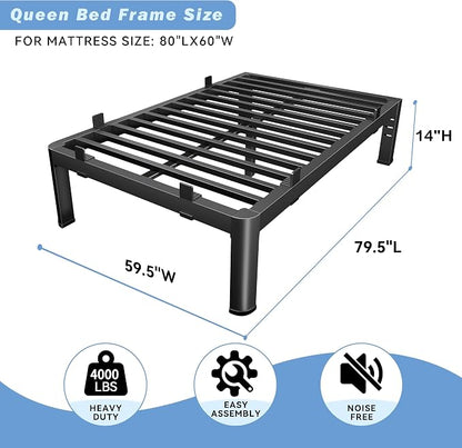 14 Inch Queen Bed Frame, Reinforced Heavy Duty Metal Bed Frame Queen Size, 4000LBS Rounded Corner & No-Slip Mattress Grip, Squeak-Free Platform Bed Frame with Headboard Holes Easy Assembly