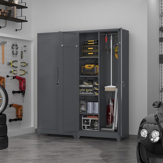 72.8" H Metal Garage Storage Cabinets, Metal Storage Cabinet with Hanging Rod & S-Hooks, Broom Closet Storage with Shelves, Functional Storage Cabinets for Garage, Warehouse, Grey