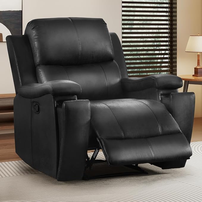 CANMOV Manual Recliner Chair, Classic Faux Leather Recliner Chair with Overstuffed Arms and Back, Manual Single Sofa with Concealed Cup Holders, Black