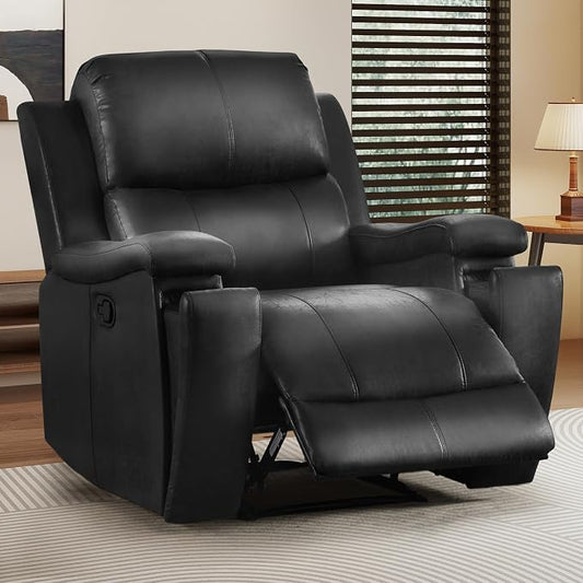 CANMOV Manual Recliner Chair, Classic Faux Leather Recliner Chair with Overstuffed Arms and Back, Manual Single Sofa with Concealed Cup Holders, Black