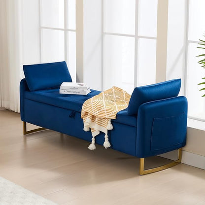65" Storage Bench for Bedroom, Velvet End of Bed Bench, King Size Bed Benches for Foot with Tufted Button and Gold Legs, Upholstered Window Ottoman Benches with Armrests, Navy Blue