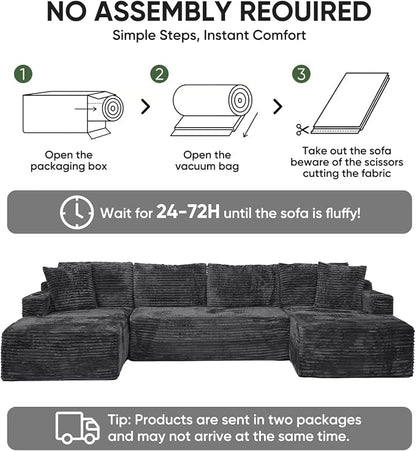 Boneless Couch, 127" Sofas for Living Room, U Shaped Couch with Chaise | Sectional Sofa, Cloud Couch Sectional with Cup Holders and Storage, Cloud Sofa with Deep Seat, Grey, Corduroy, No Assembly