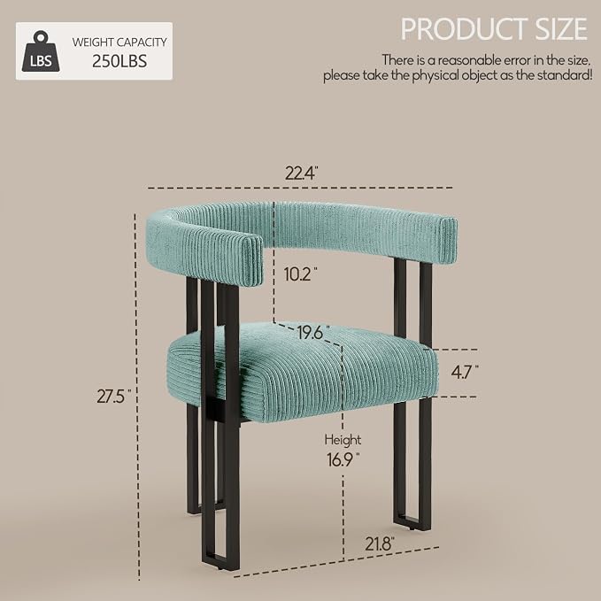 VIRRMO Boucle Dining Chair Set of 2 Corduroy Upholstered Dining Room Chairs Kitchen Chairs with Metal Legs Mid Century Modern Chair for Dining Room, Kitchen (Mint, 2)