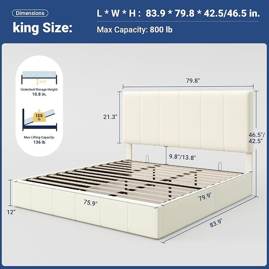 Allewie King Size Velvet Lift Up Storage Bed Frame, Vertical Channel Tufted Headboard, Hydrualic Underneath Storage, Upholstered Platform Bed, Wooden Slats Support, No Box Spring Needed, Cream