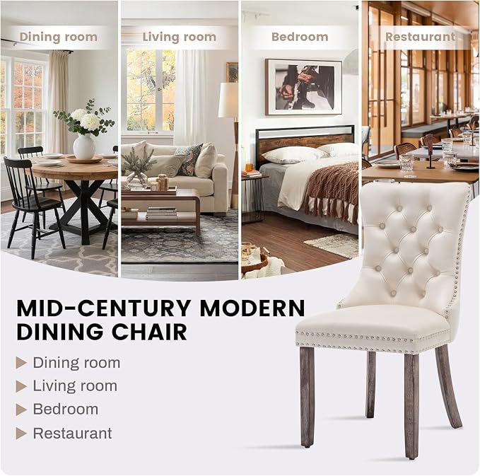Single Dining Chair Mid Century Modern Dining Chair Velvet Upholstered Dining Room Chair Farmhouse Dining Accent Chair with High Back and Nailhead Trim for Kitchen, Living Room, Bedroom (Beige)