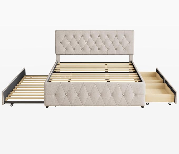 Ball & Cast Queen Bed Frame with Adjustable Headboard,Upholstered Platform Bed Frame Queen Size with 2 Wood Storage Drawers & Pull‑Out Trundle Bed,Wooden Slats Support,No Box Spring Needed,Taupe